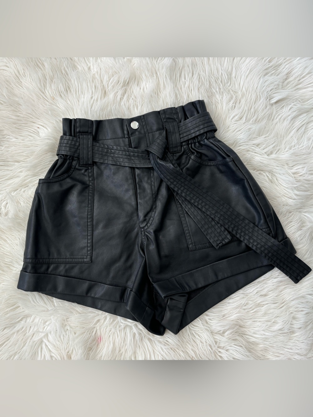 Zara Black High-Waist Faux Leather Paperbag Shorts with Belt
